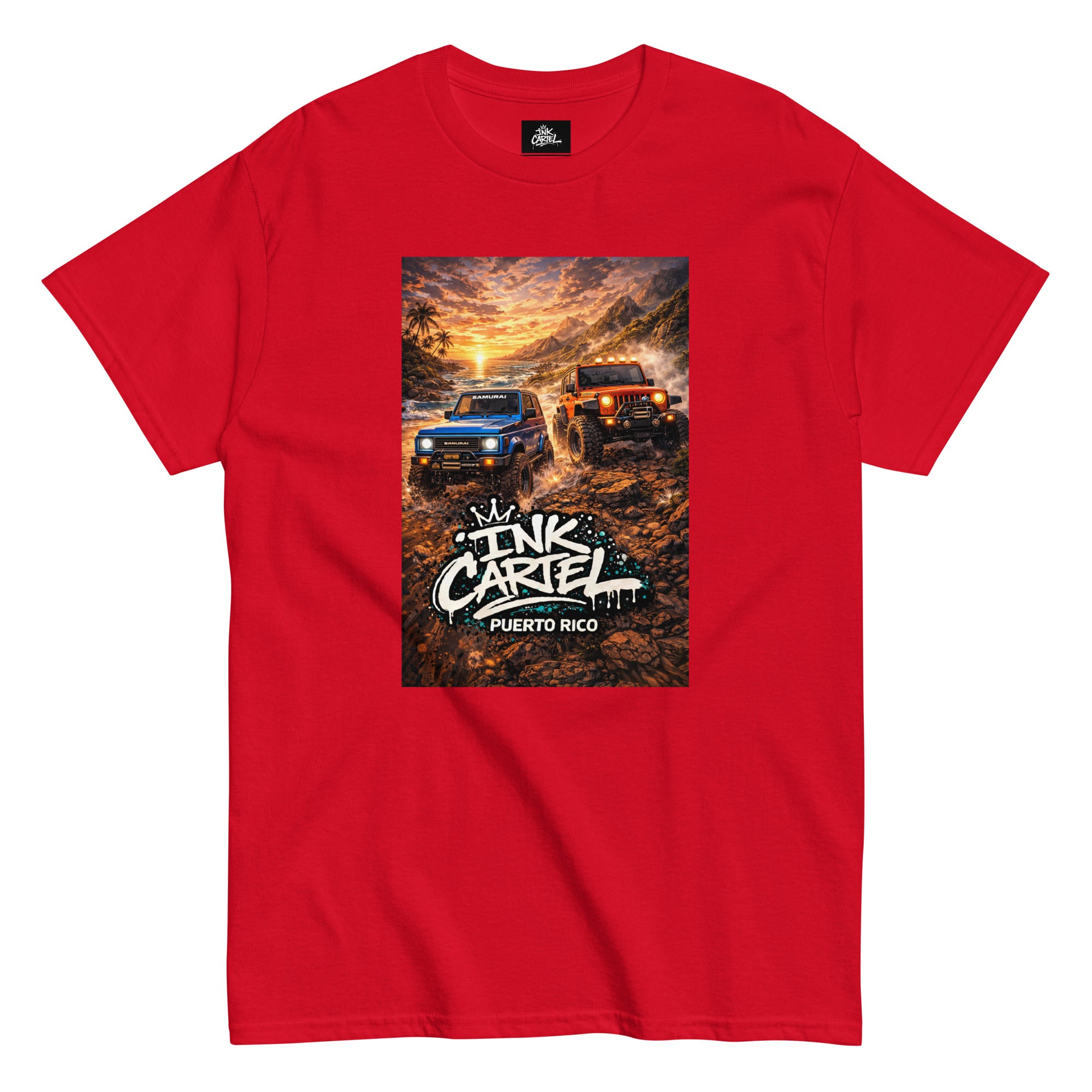 Red t-shirt with 'Ink Carre' graphic on a white background
