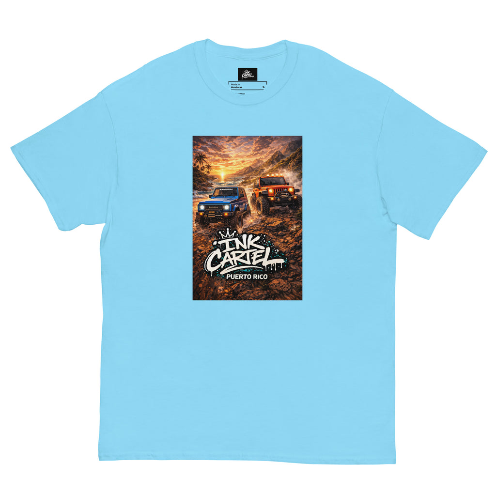 Light blue t-shirt with a graphic of two trucks and 'Ink CarTEL Puerto Rico' text on a white background