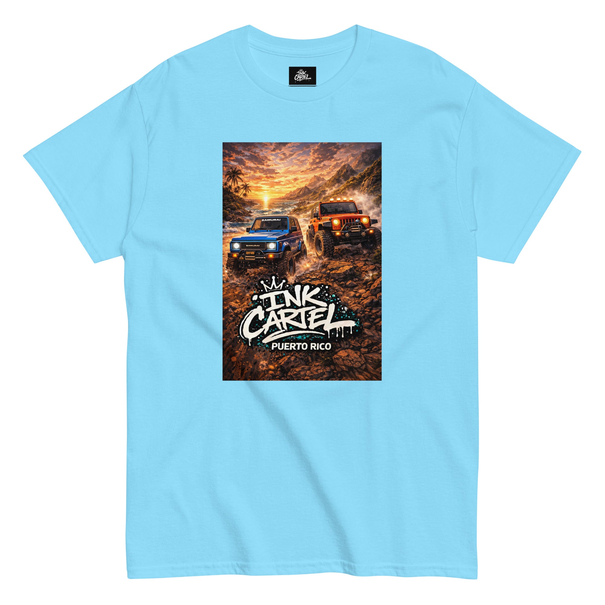 Light blue t-shirt with a graphic of two trucks and 'Ink Cartel Puerto Rico' text on a white background