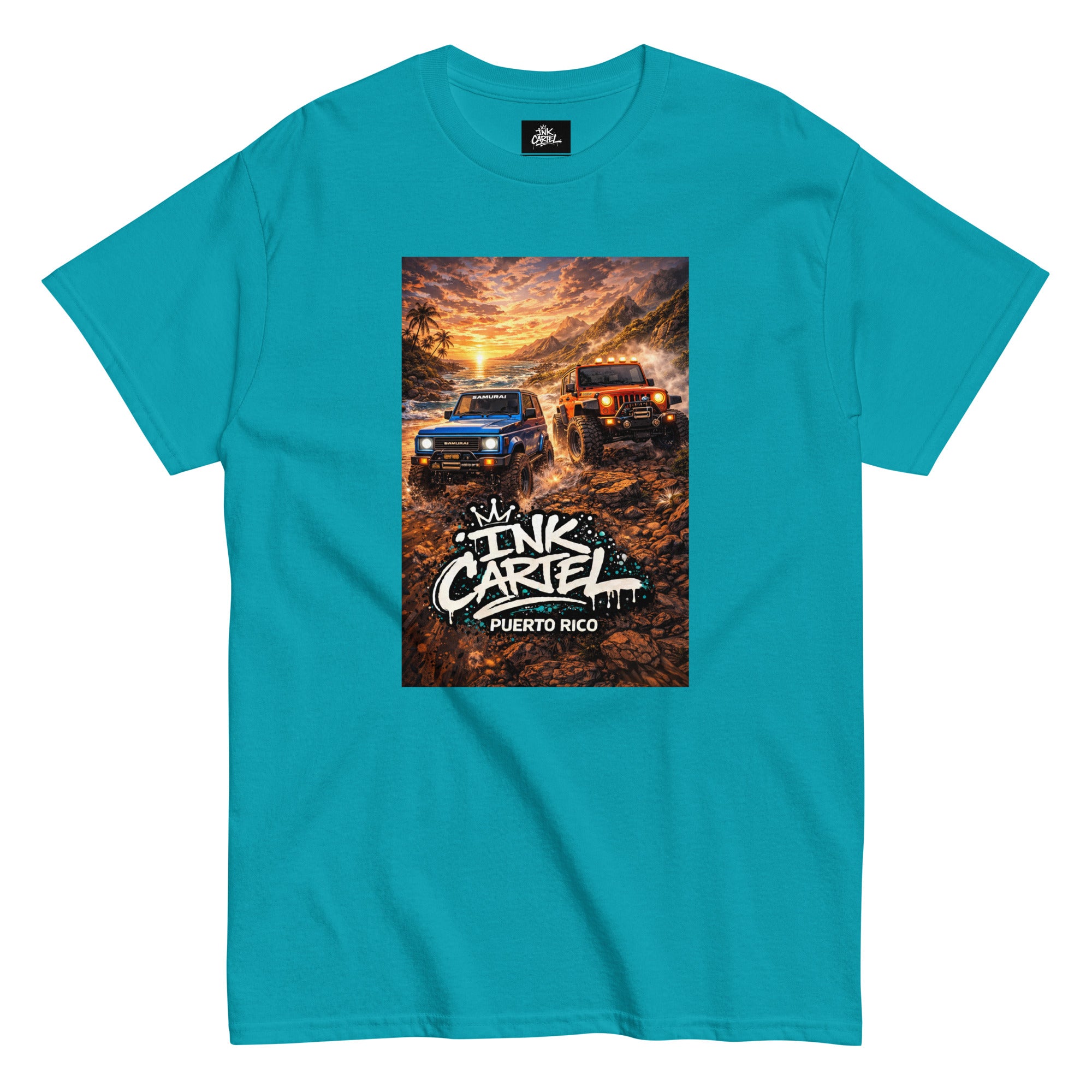 Blue t-shirt with 'Ink Carrol Puerto Rico' graphic on a white background