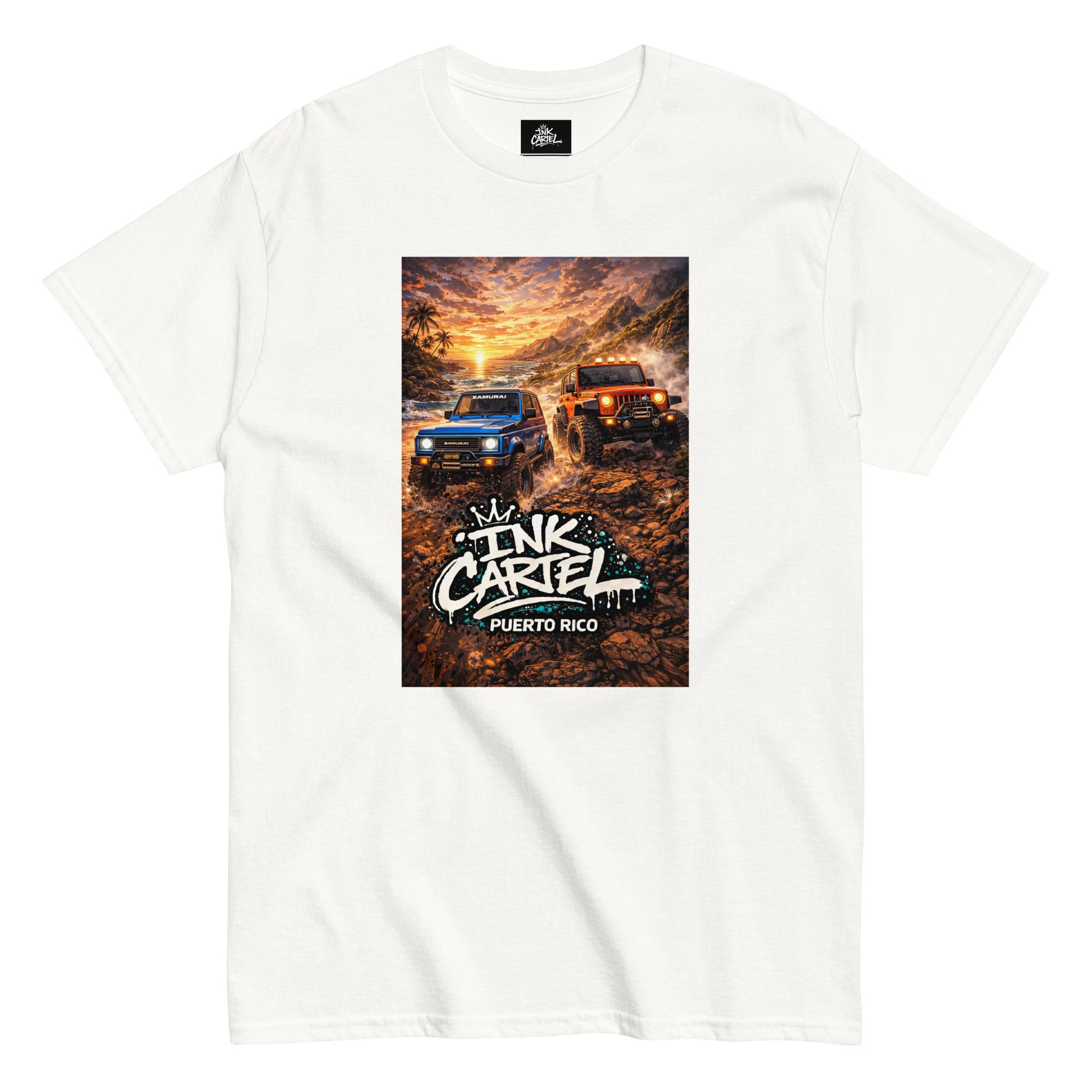 White t-shirt with 'Ink Caribe Puerto Rico' graphic of two trucks on a dirt road.