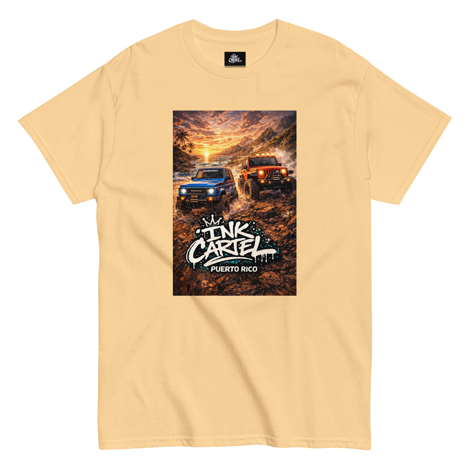 Beige t-shirt with 'Ink Caribe Puerto Rico' graphic of two trucks on a beach at sunset.