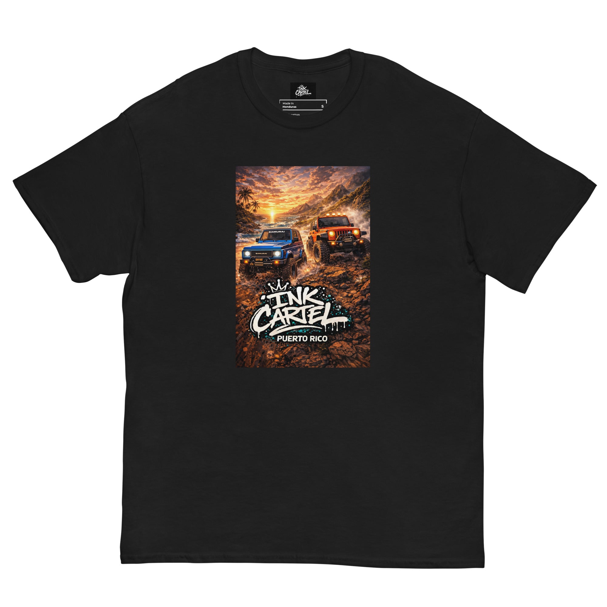 Black t-shirt with a graphic of two trucks and 'Ink Cartel Puerto Rico' text on a white background