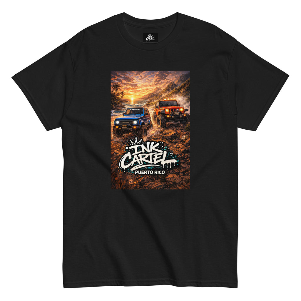 Black t-shirt with 'Ink Caribe Puerto Rico' graphic of three off-road vehicles on a dirt road.