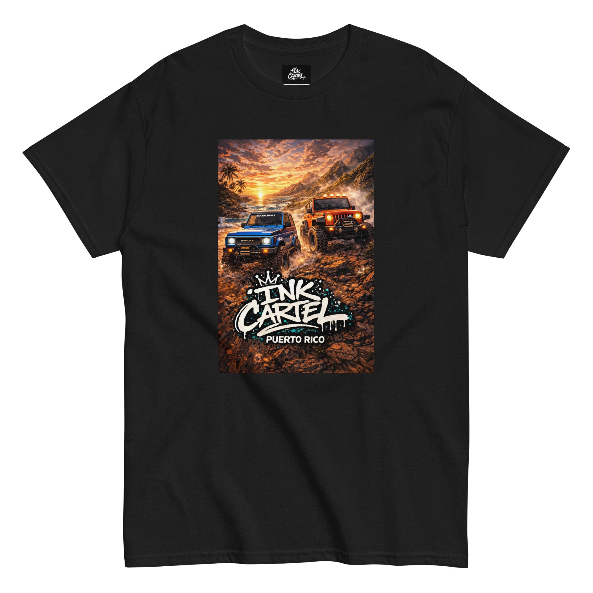 Black t-shirt with 'Ink Caribe Puerto Rico' graphic of three off-road vehicles on a dirt road.