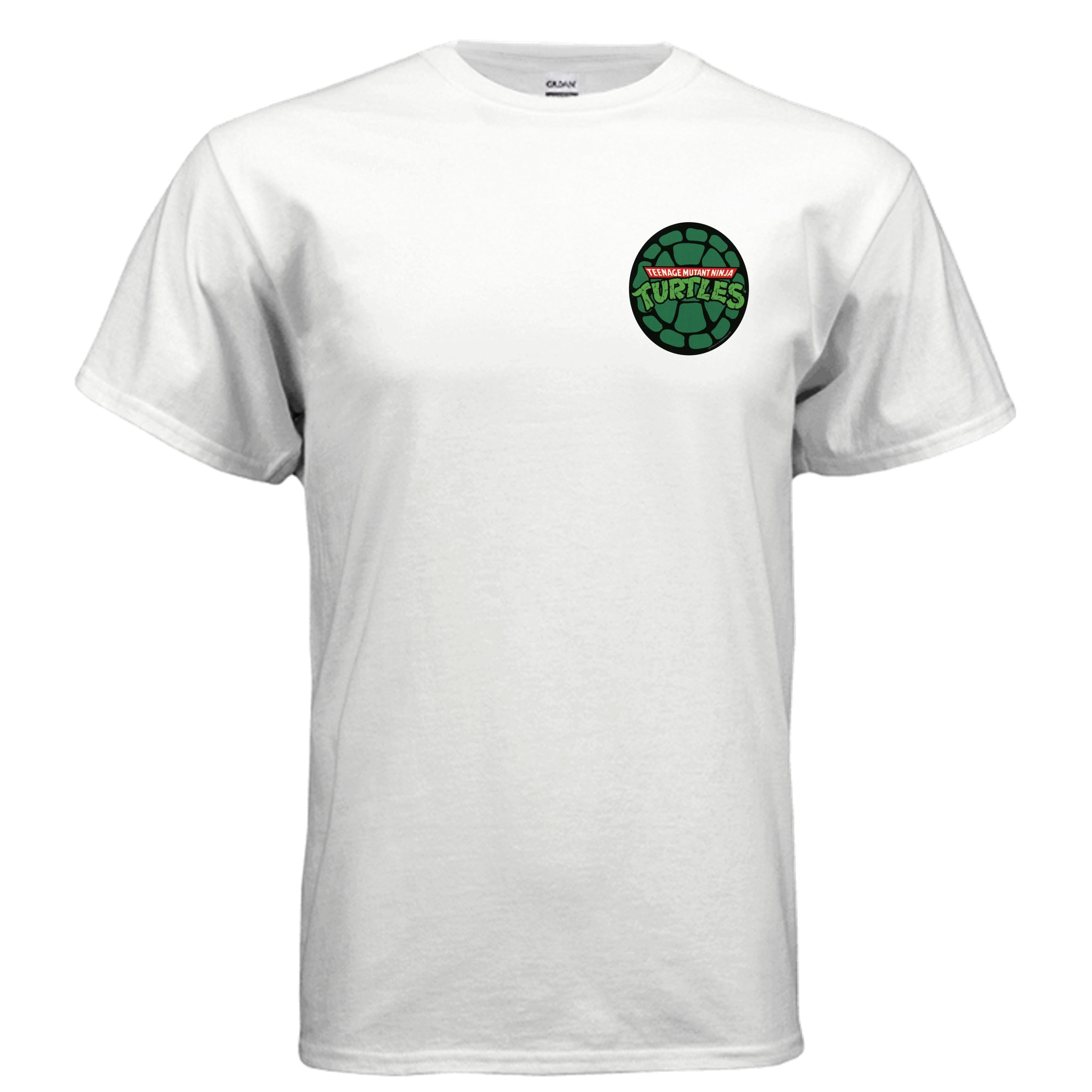 graphic T-shirt featuring a retro-inspired cartoon logo on the front and a large back print of four pizza-loving turtle heroes gathered together eating pizza. Designed in a nostalgic 90s cartoon style with bold colors and streetwear appeal from Ink Cartel’s Class-Sick Cartoon Drip collection.