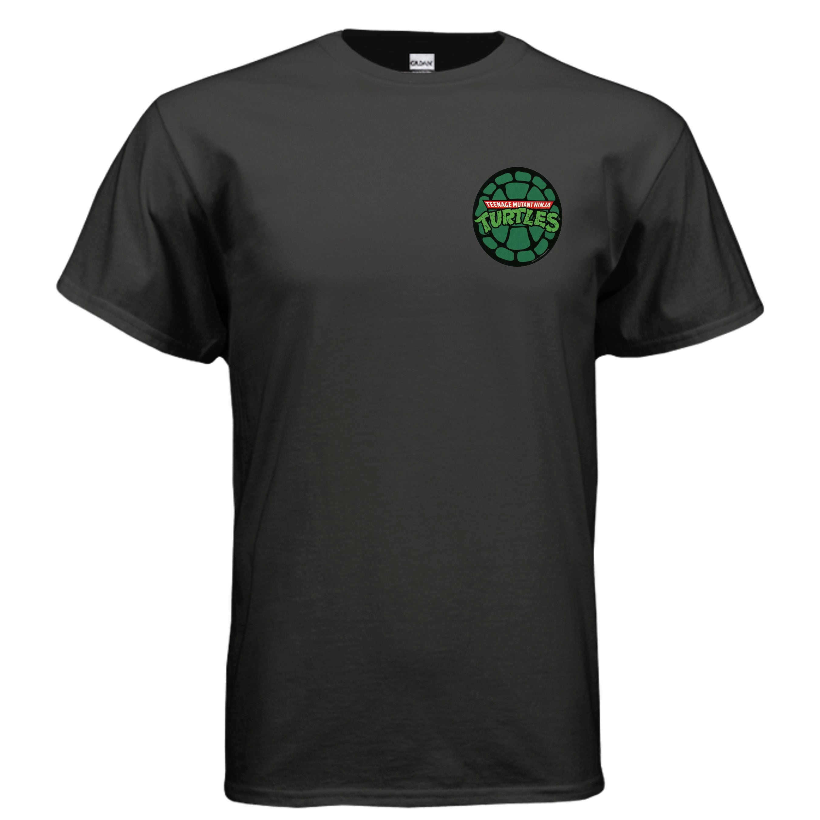 graphic T-shirt featuring a retro-inspired cartoon logo on the front and a large back print of four pizza-loving turtle heroes gathered together eating pizza. Designed in a nostalgic 90s cartoon style with bold colors and streetwear appeal from Ink Cartel’s Class-Sick Cartoon Drip collection.