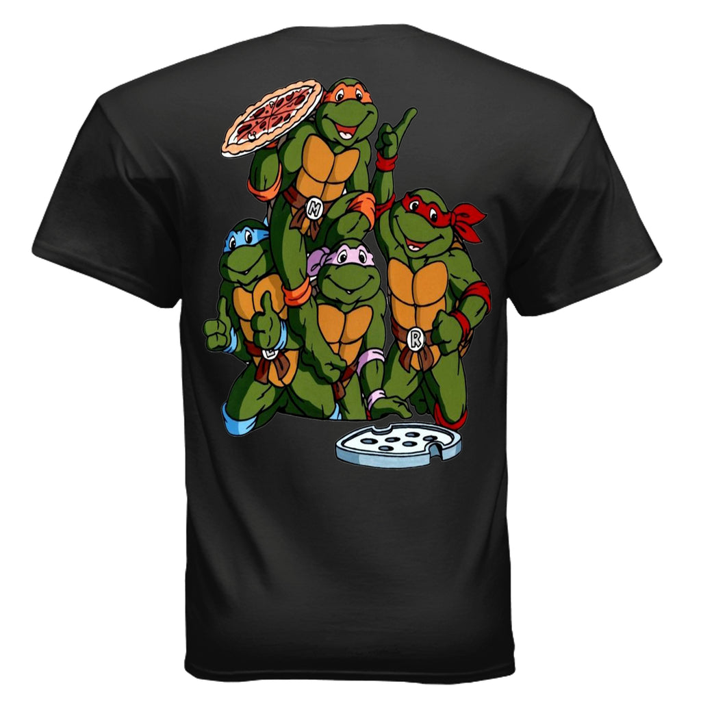 graphic T-shirt featuring a retro-inspired cartoon logo on the front and a large back print of four pizza-loving turtle heroes gathered together eating pizza. Designed in a nostalgic 90s cartoon style with bold colors and streetwear appeal from Ink Cartel’s Class-Sick Cartoon Drip collection.