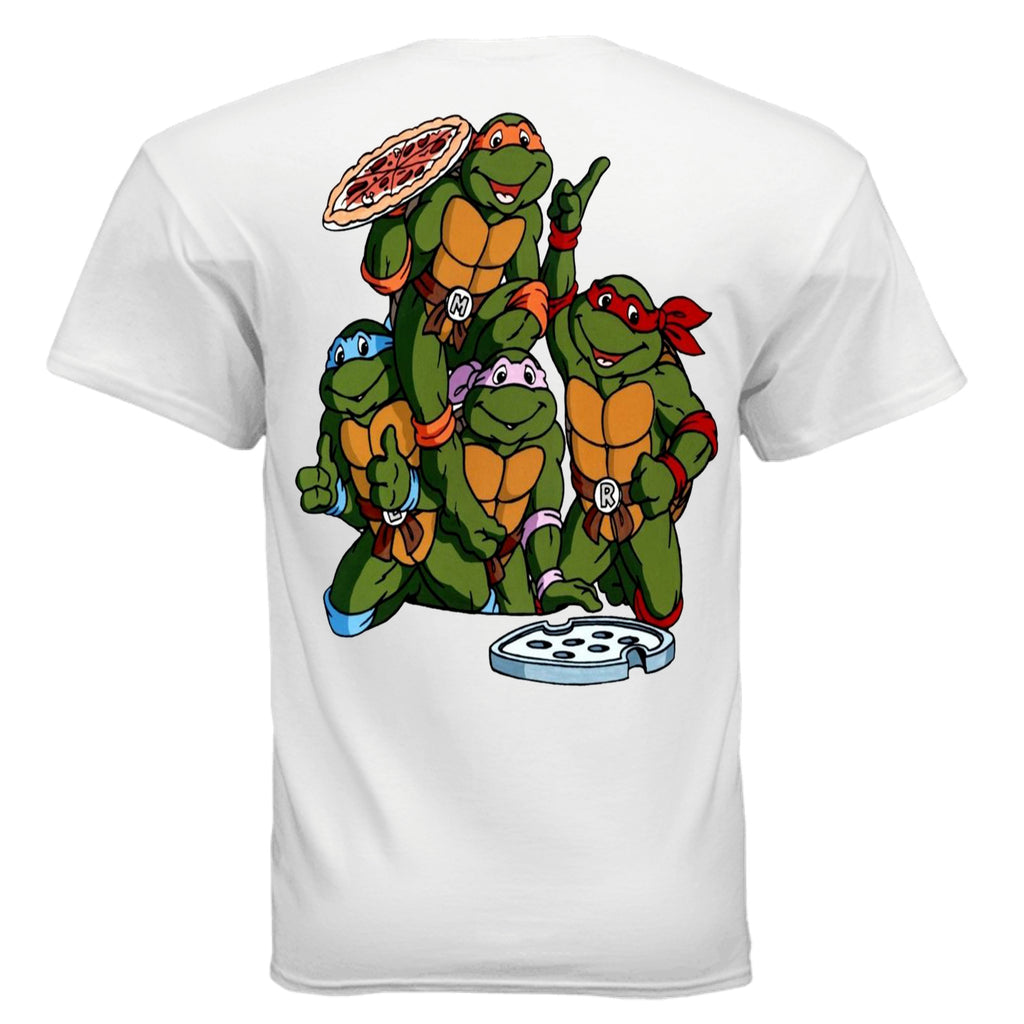 graphic T-shirt featuring a retro-inspired cartoon logo on the front and a large back print of four pizza-loving turtle heroes gathered together eating pizza. Designed in a nostalgic 90s cartoon style with bold colors and streetwear appeal from Ink Cartel’s Class-Sick Cartoon Drip collection.