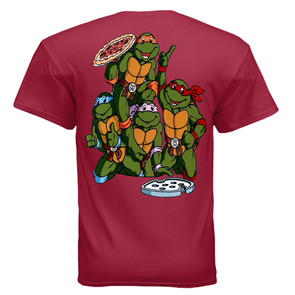 graphic T-shirt featuring a retro-inspired cartoon logo on the front and a large back print of four pizza-loving turtle heroes gathered together eating pizza. Designed in a nostalgic 90s cartoon style with bold colors and streetwear appeal from Ink Cartel’s Class-Sick Cartoon Drip collection.
