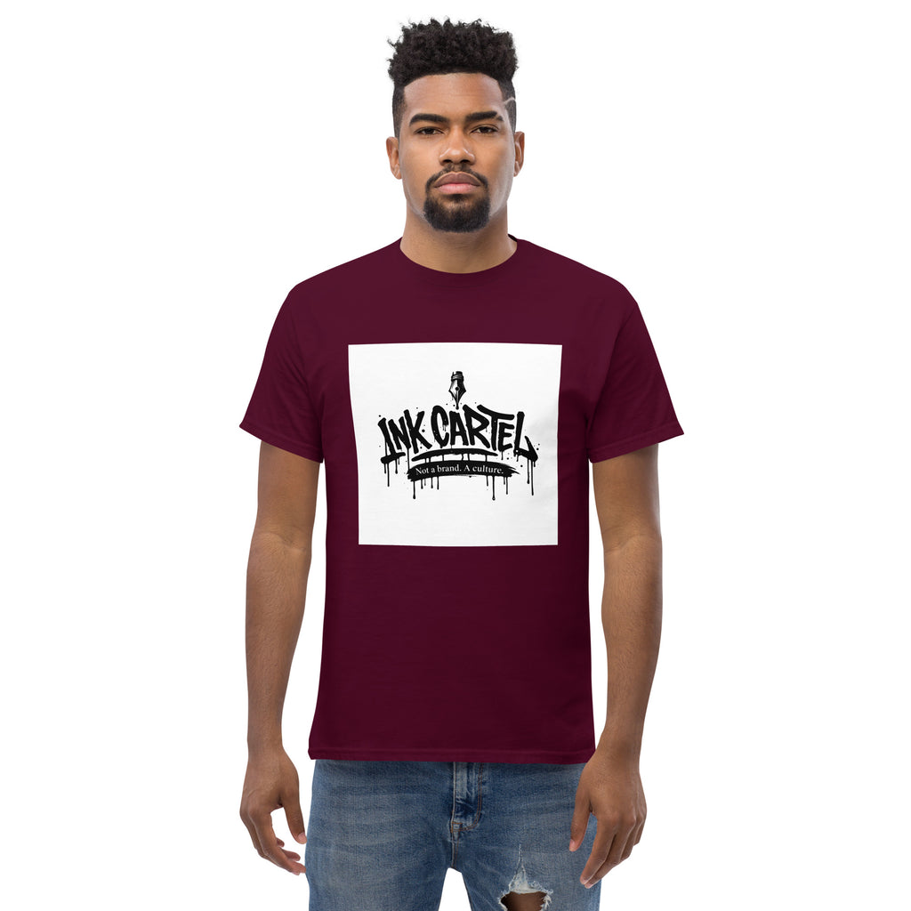 Man wearing a maroon t-shirt with a white graphic and text on a white background
