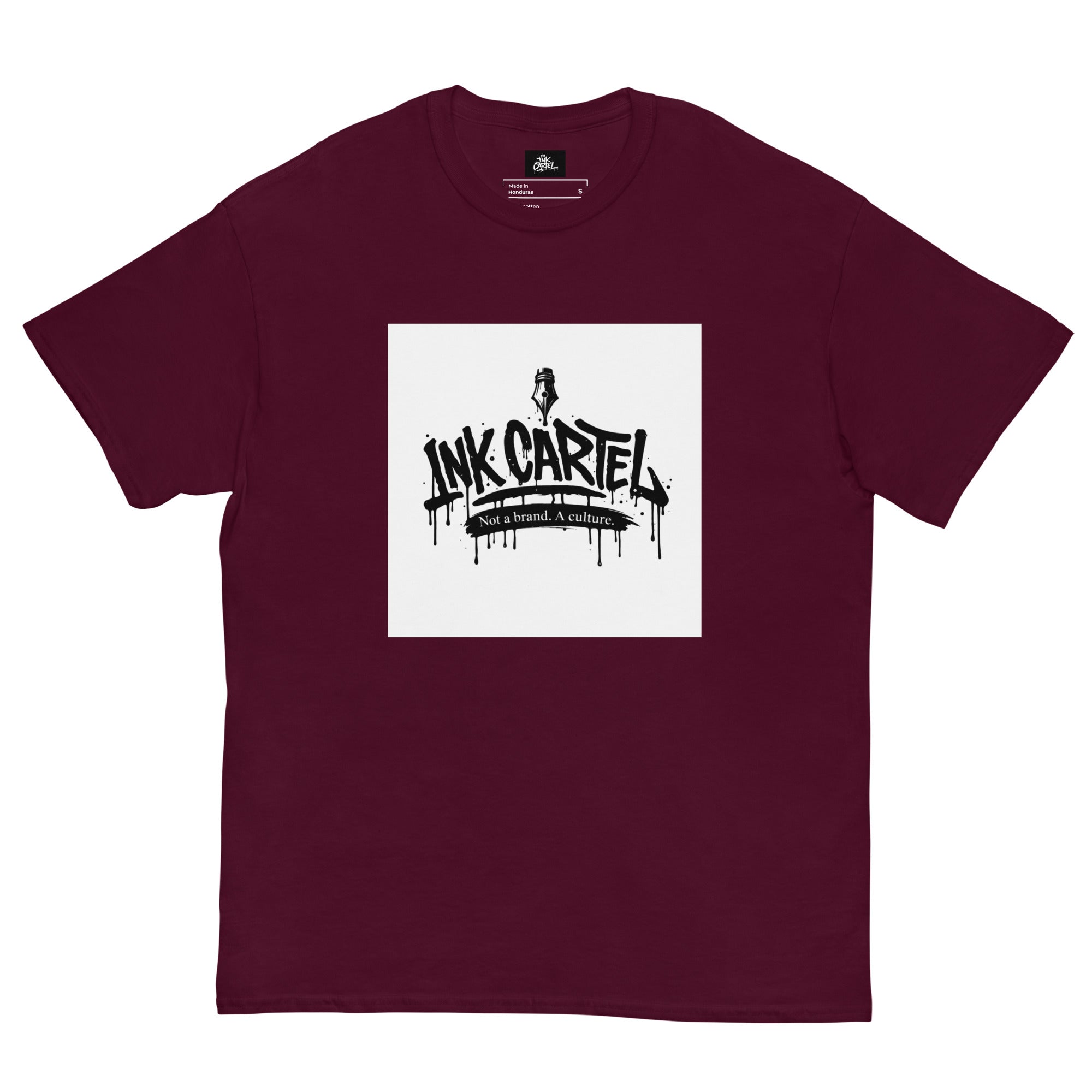 Maroon t-shirt with Ink Cartel logo on a white background