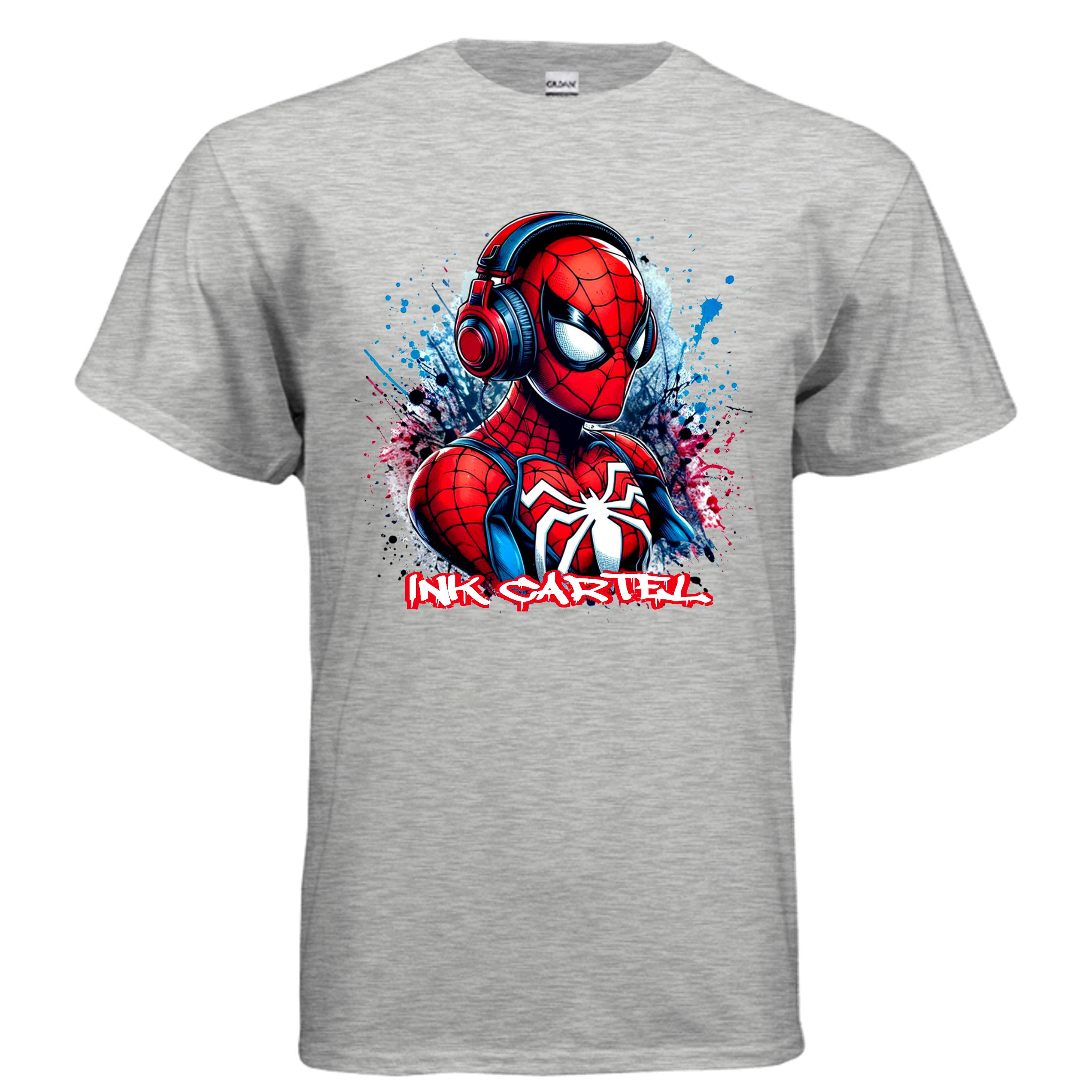 Gray t-shirt with Spider-Man graphic and 'Ink Cartel' text on a white background