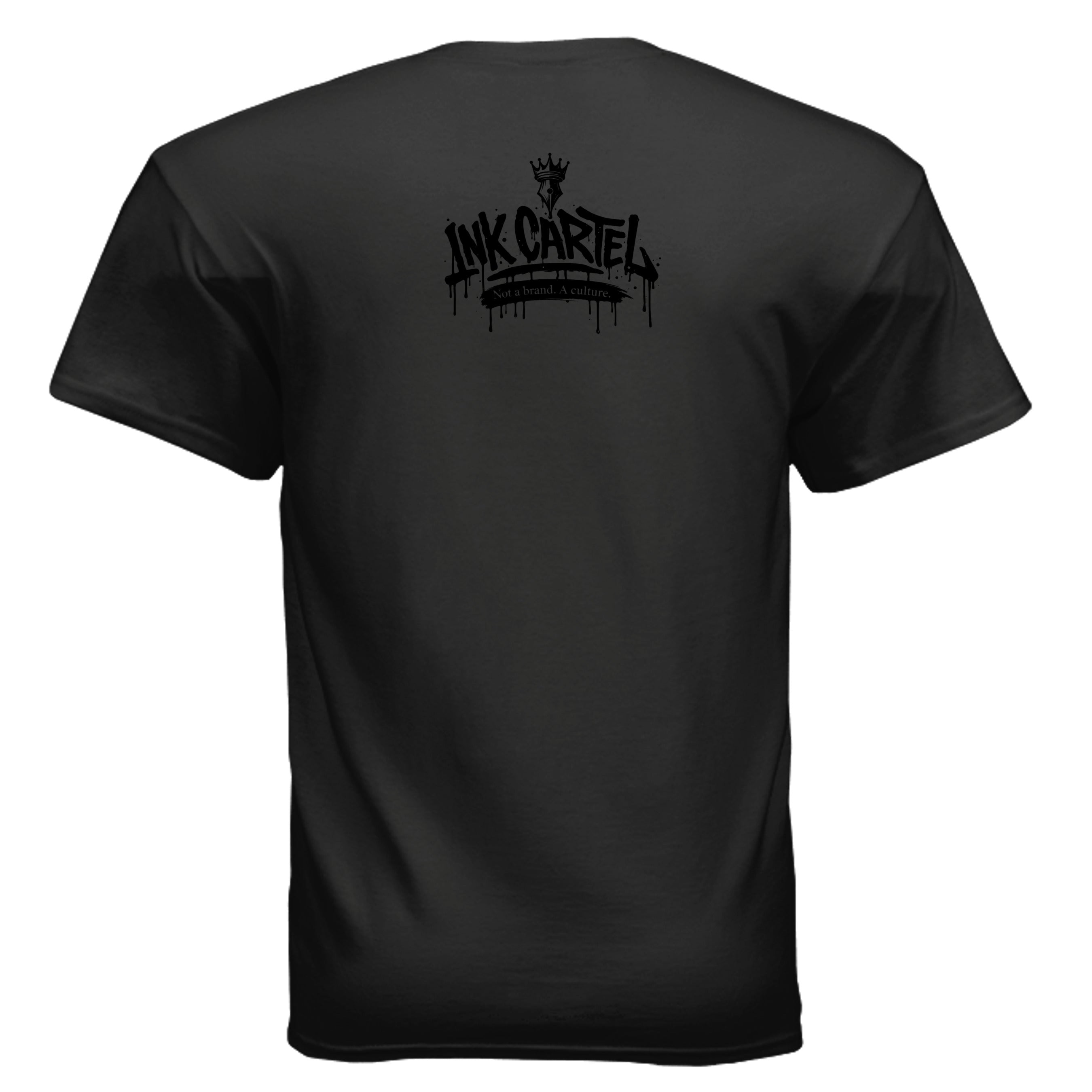 Navy blue t-shirt with a trophy graphic and text on the back against a white background