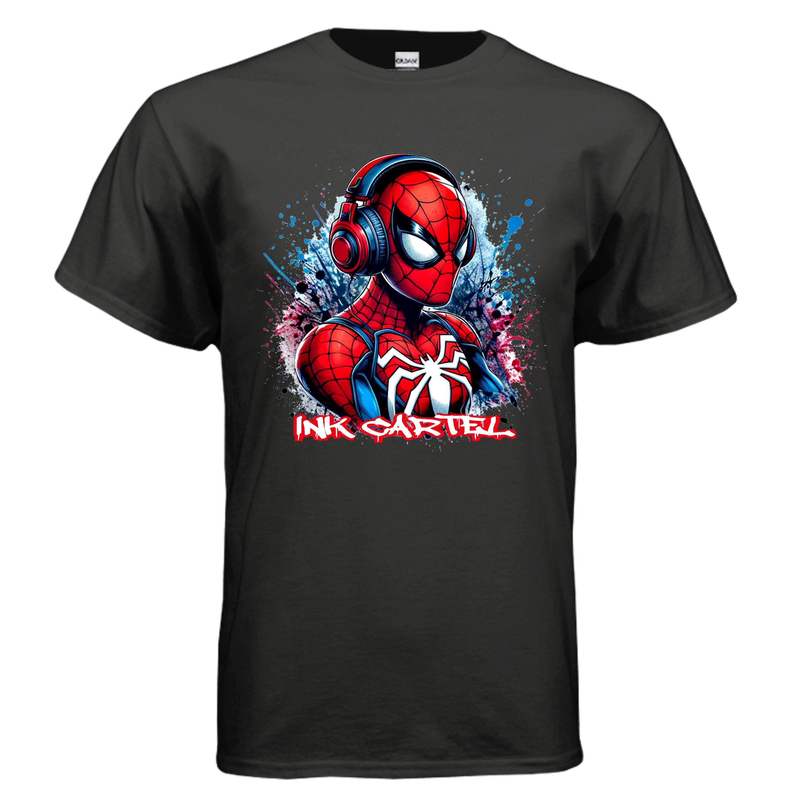 Black t-shirt with Spider-Man graphic and 'Ink Cartel' text on a white background