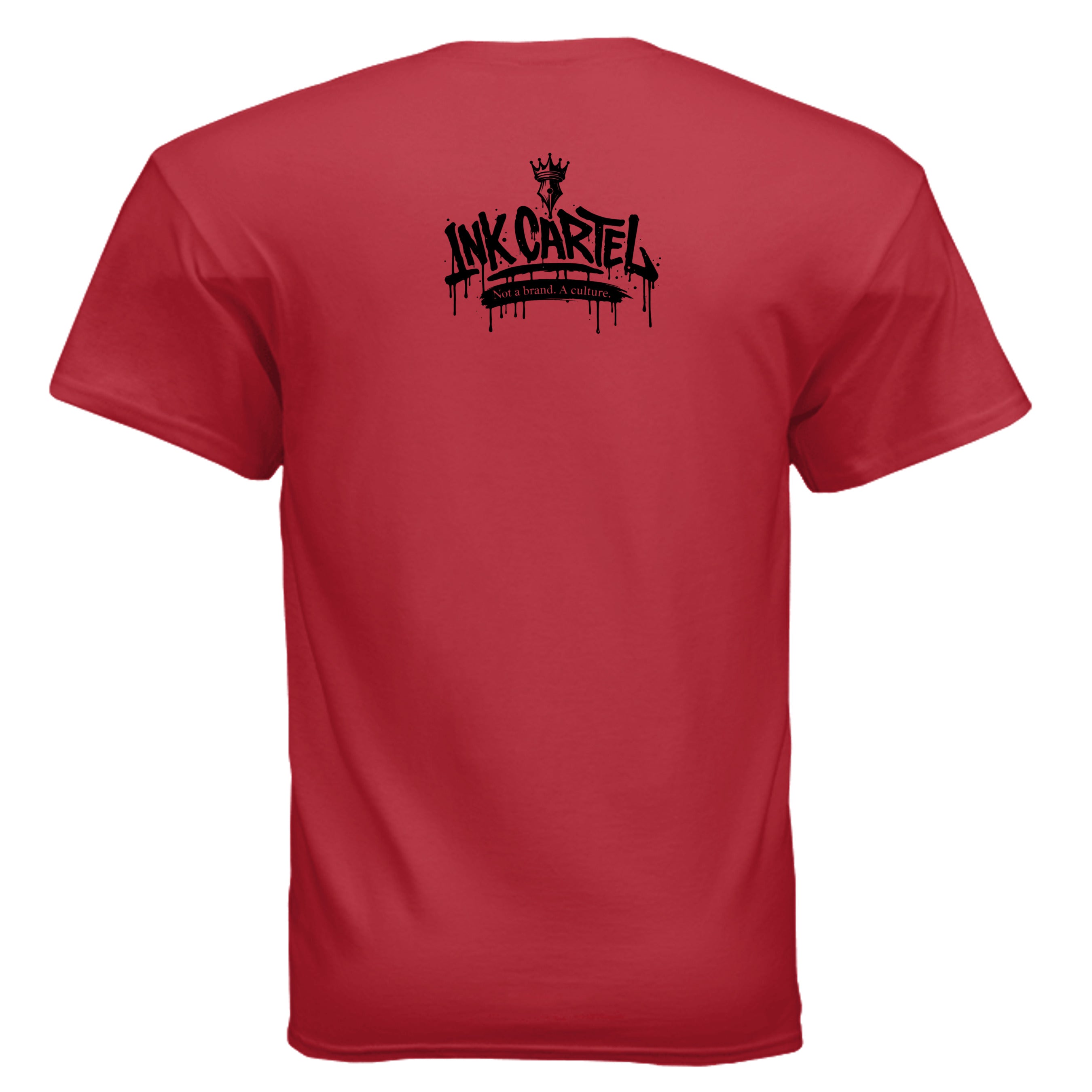 Red t-shirt with black 'Ink Cartel' logo on the back against a white background