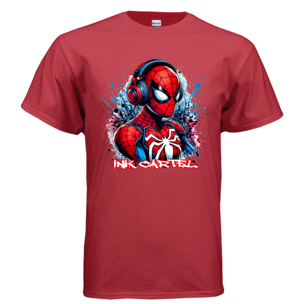 Red t-shirt with Spider-Man graphic and 'Ink Cartel' text on a white background