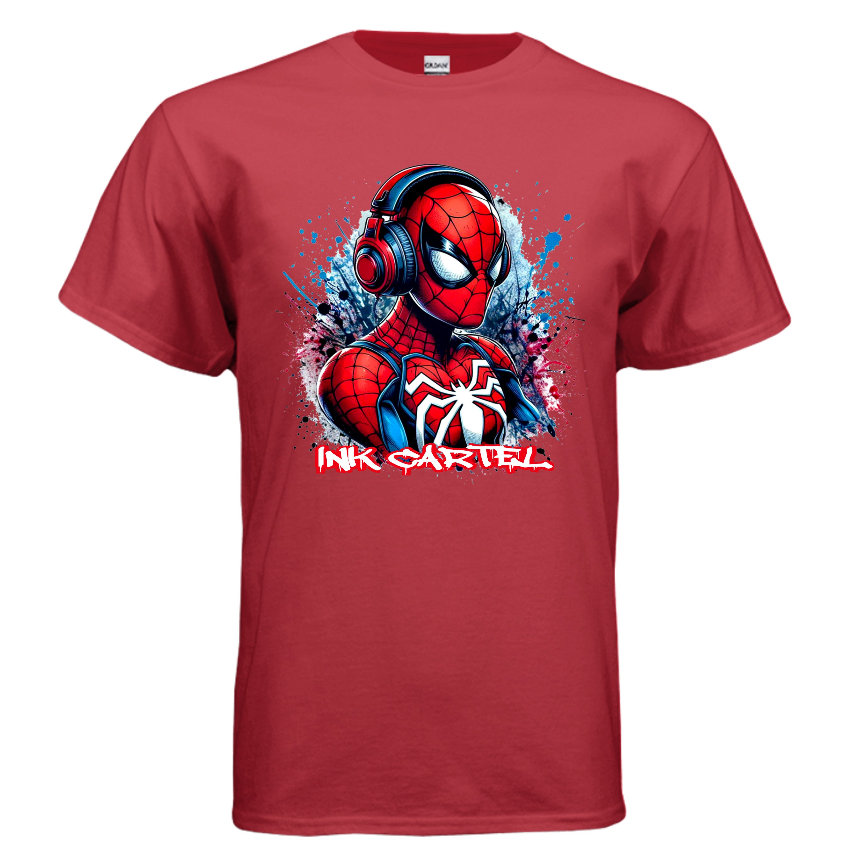 Red t-shirt with Spider-Man graphic and 'Ink Cartel' text on a white background