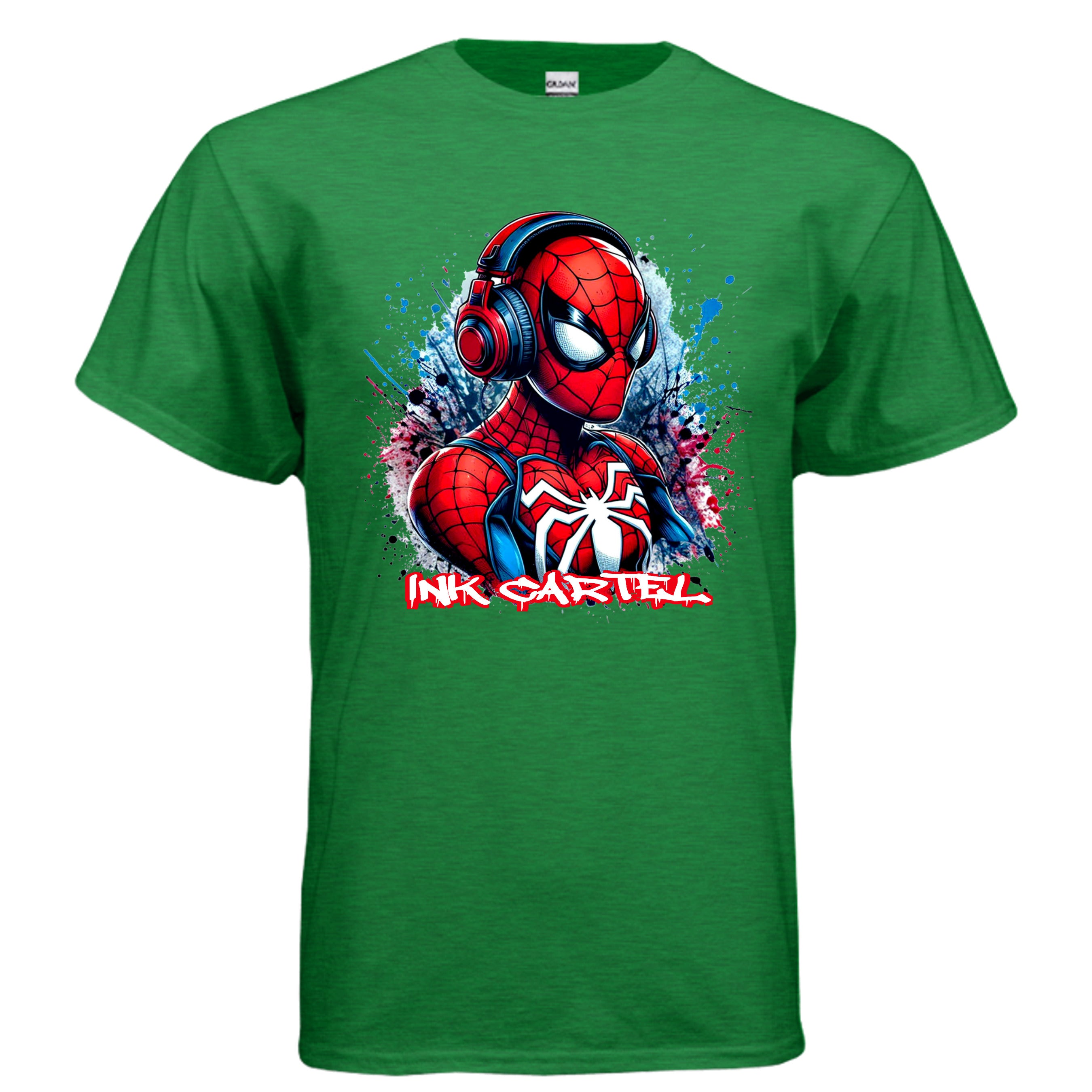 Green t-shirt with Spider-Man graphic and 'Ink Cartel' text on a white background