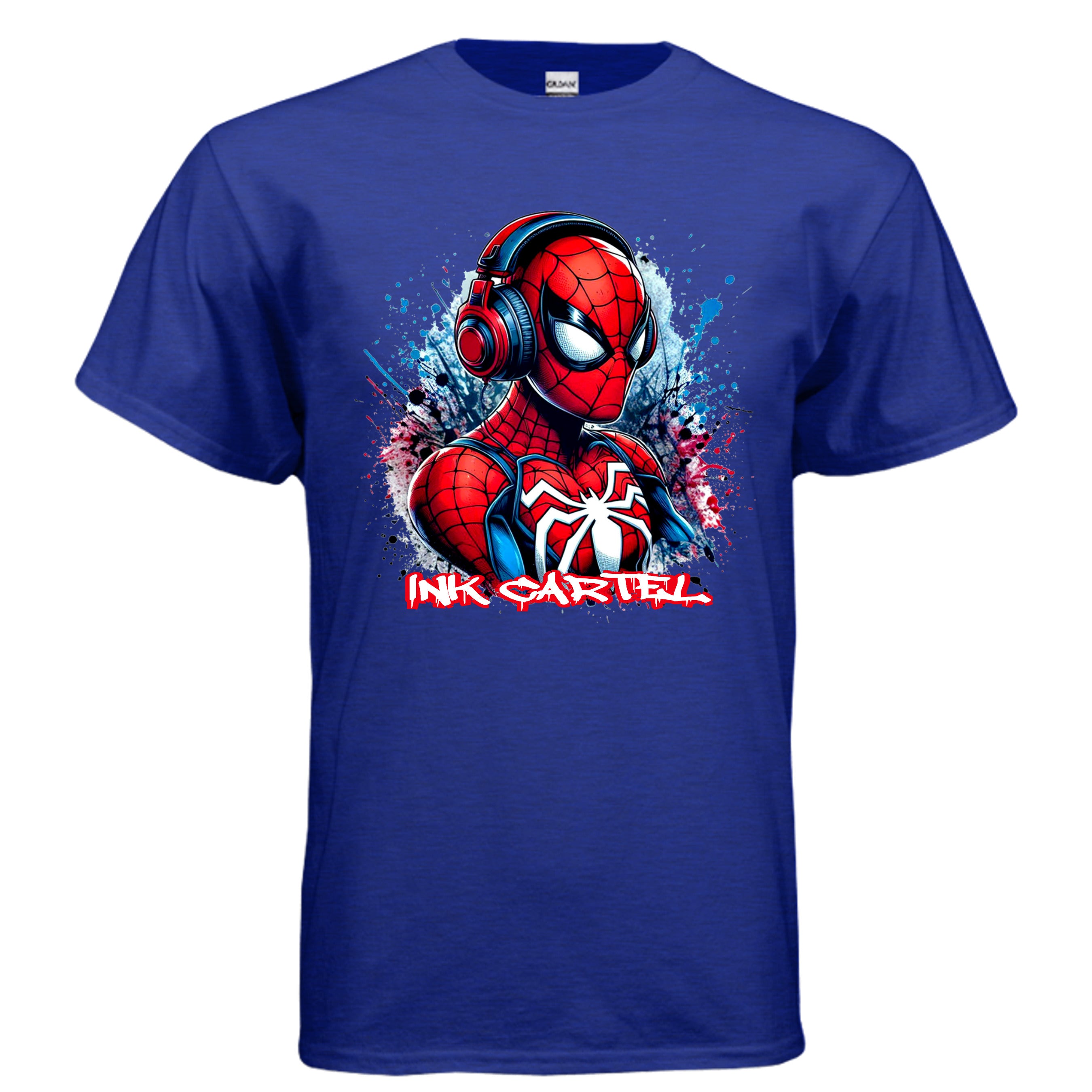 Blue t-shirt with Spider-Man graphic and 'Ink Cartel' text on a white background