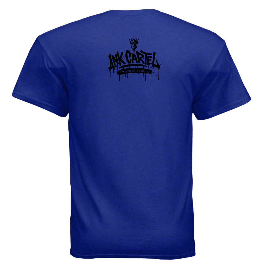 Blue t-shirt with 'Ink Cartel' logo on the back against a white background