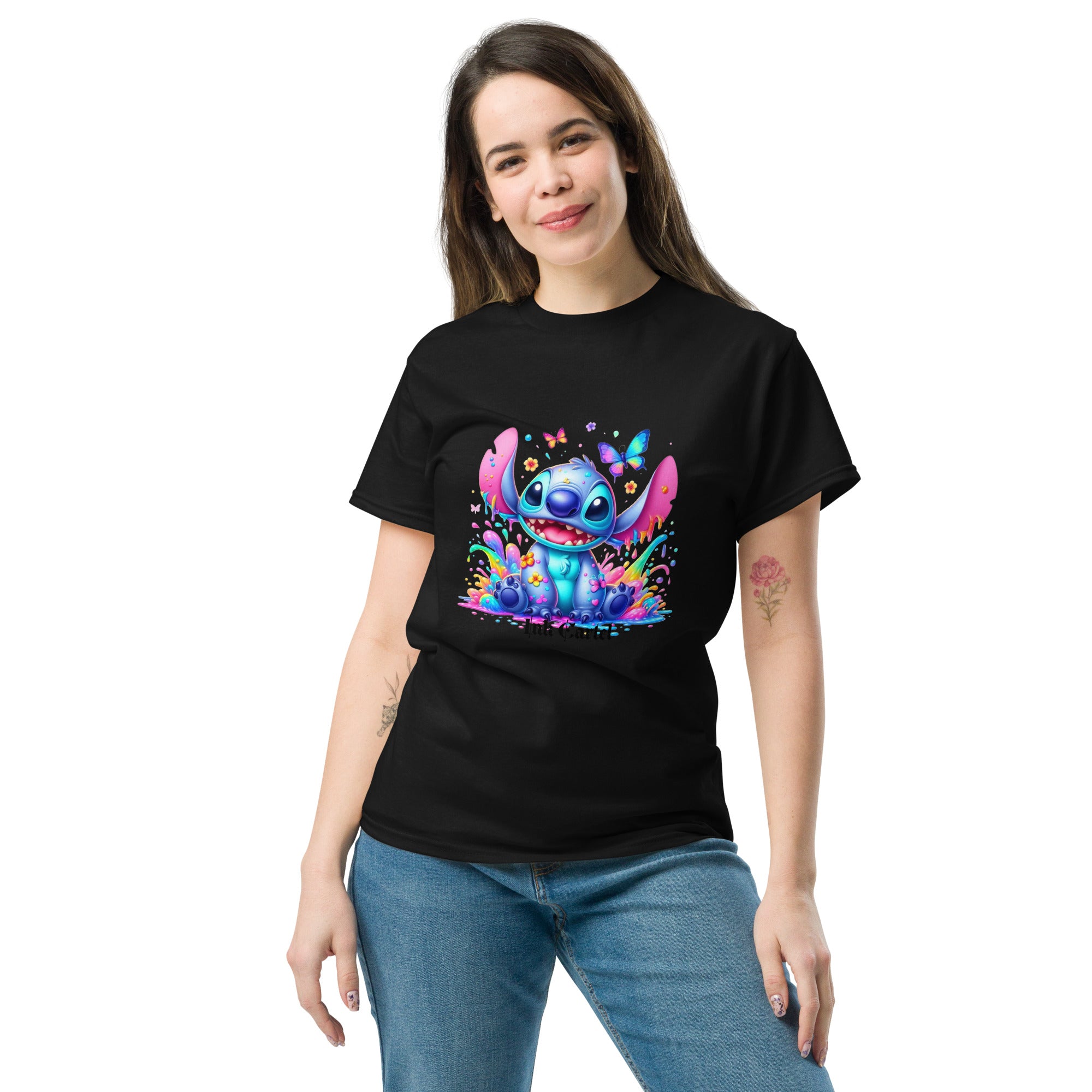  Ink Cartel exclusive streetwear design showing a cartoon-style blue character splashing through dripping black and colorful ink, creating a bold graffiti-inspired visual on a premium t-shirt