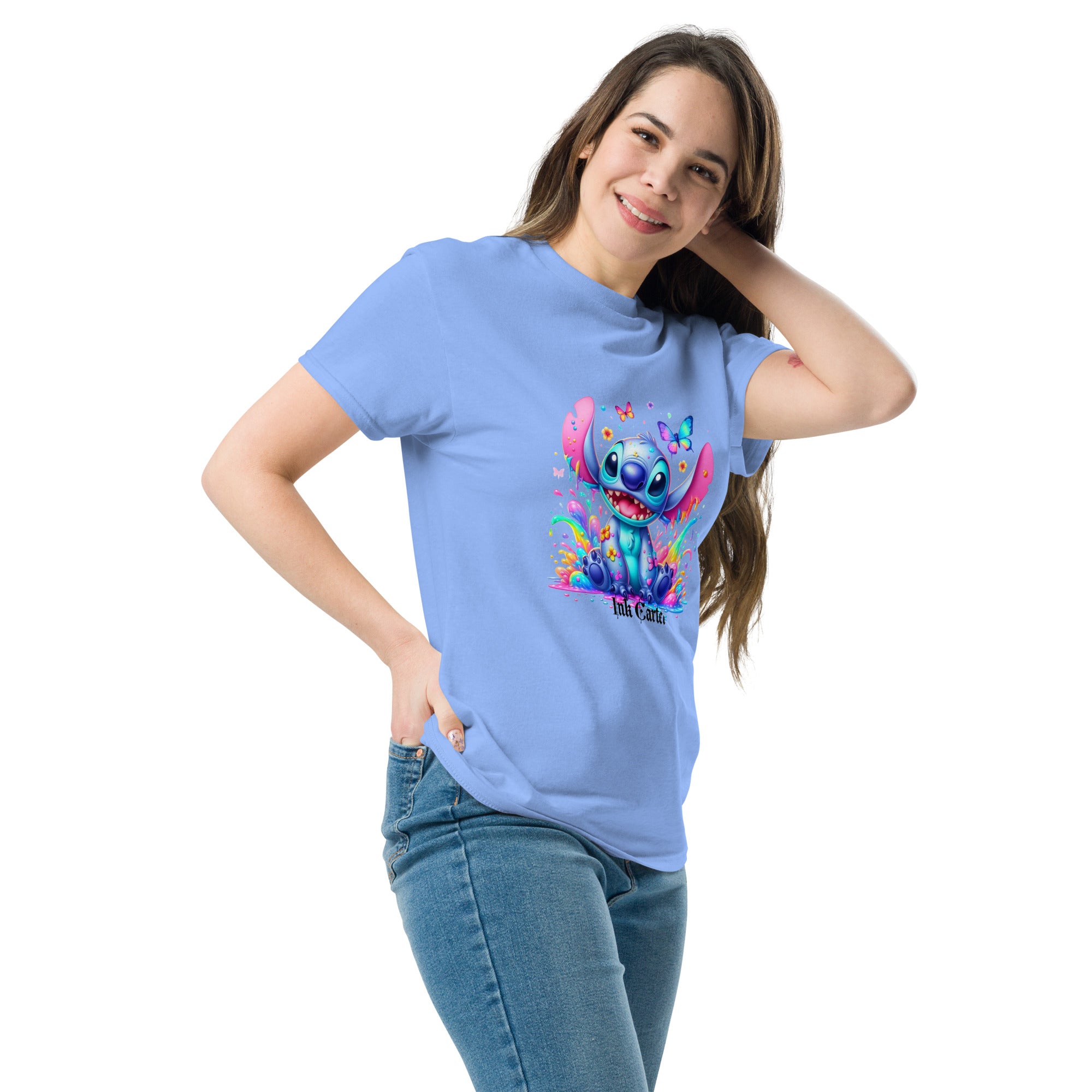  Ink Cartel exclusive streetwear design showing a cartoon-style blue character splashing through dripping black and colorful ink, creating a bold graffiti-inspired visual on a premium t-shirt