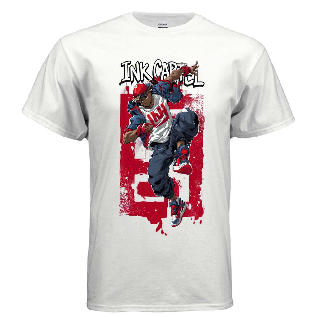 White t-shirt with a graphic of a person in a red and blue outfit and 'INK CAPSULE' text on a white background