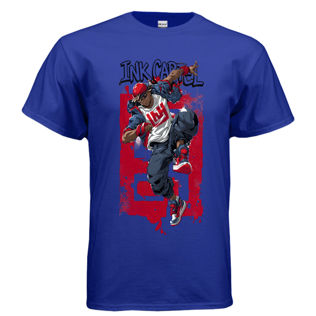 Blue t-shirt with a graphic of a person in a red cap and gray outfit, with 'Ink Carpel' text on a white background.