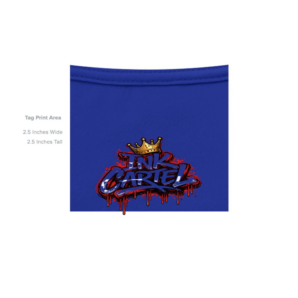 Blue fabric with 'Ink Carhartt' logo and crown design on a white background