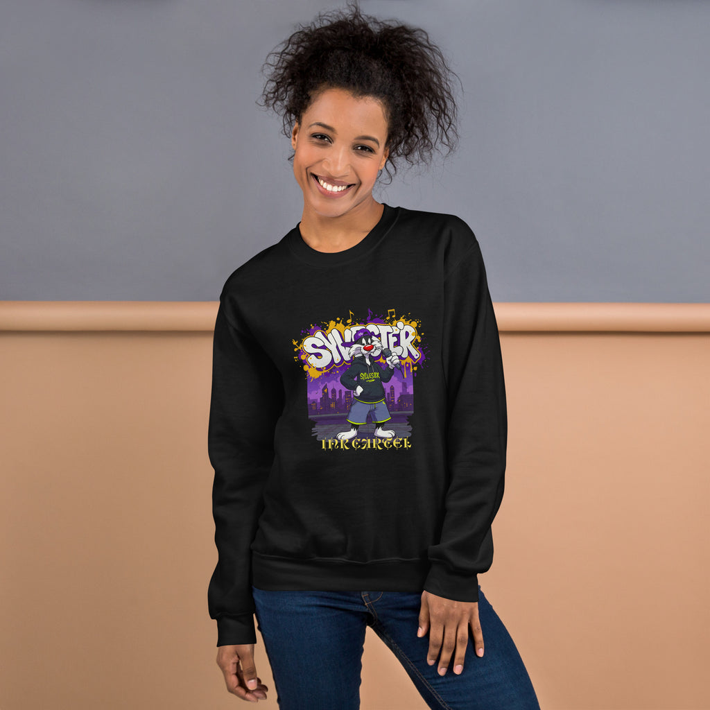 Person wearing a black sweatshirt with a graphic design on a plain background