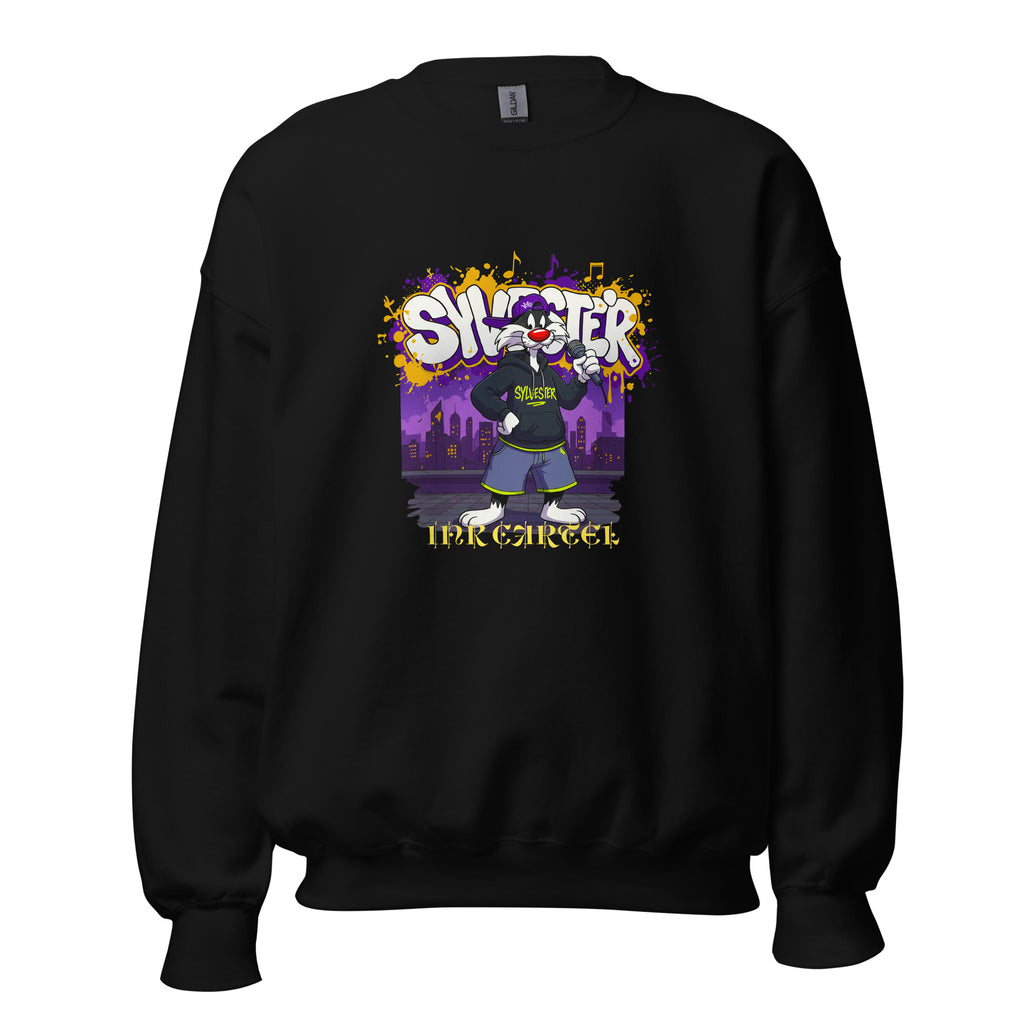 Black sweatshirt with colorful graphic design on a purple city background