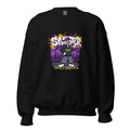 Black sweatshirt with colorful graphic design on a purple city background