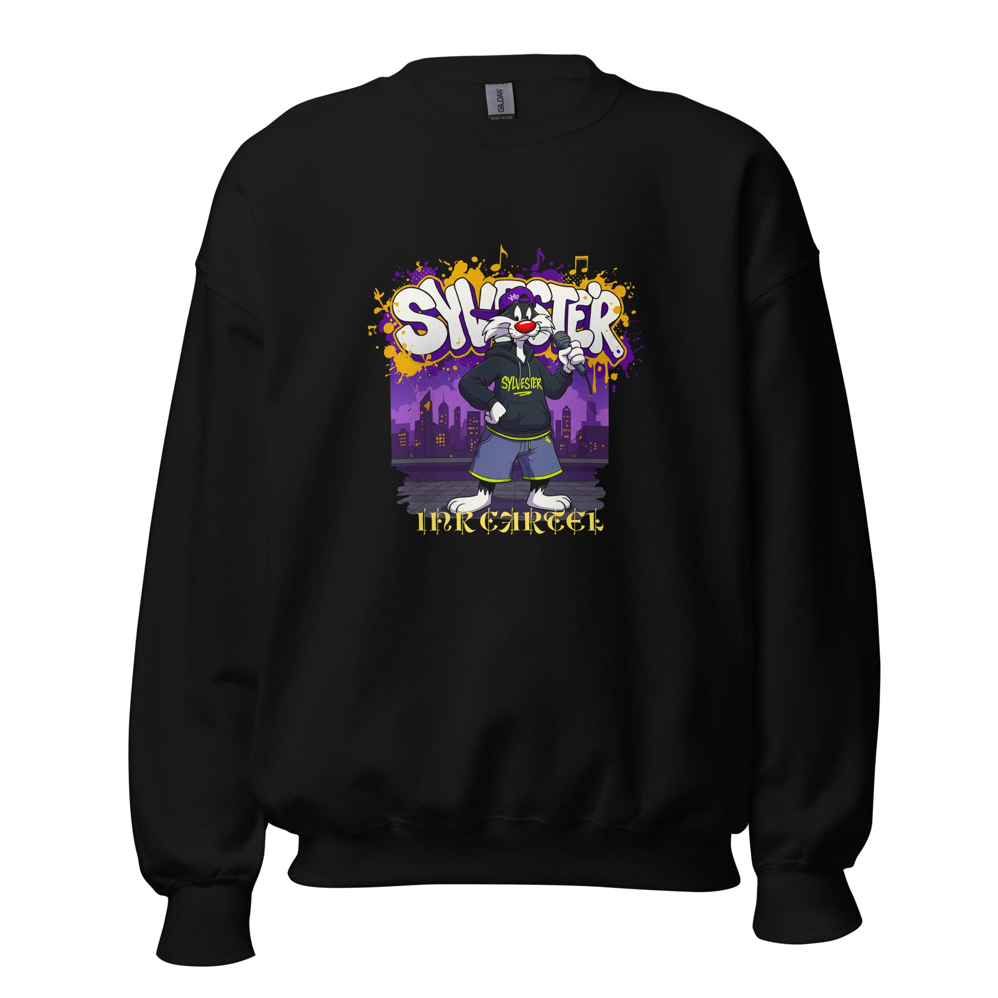 Black sweatshirt with colorful graphic design on a purple city background