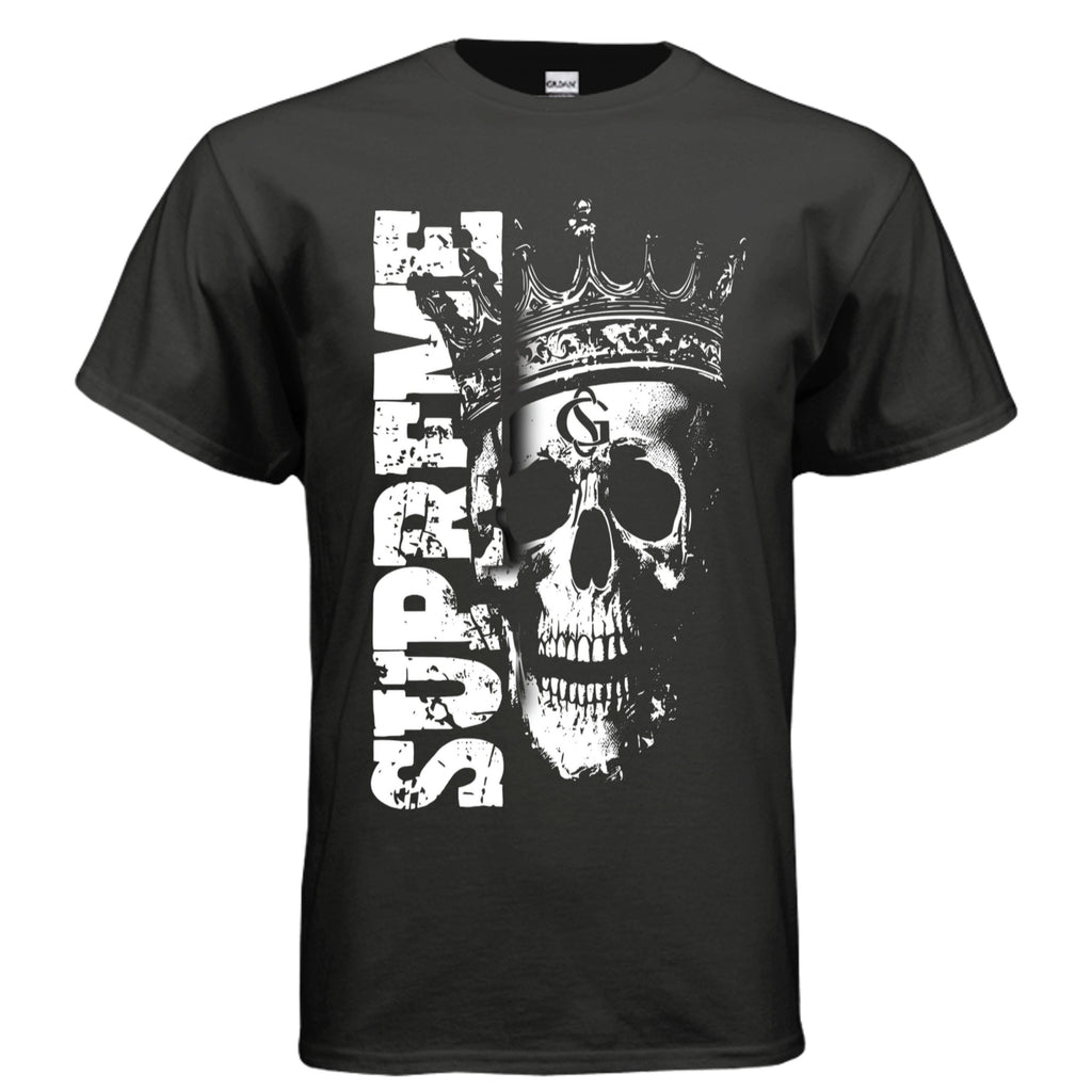 Black t-shirt with a skull design and 'Supreme' text on a white background