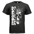 Black t-shirt with a skull design and 'Supreme' text on a white background