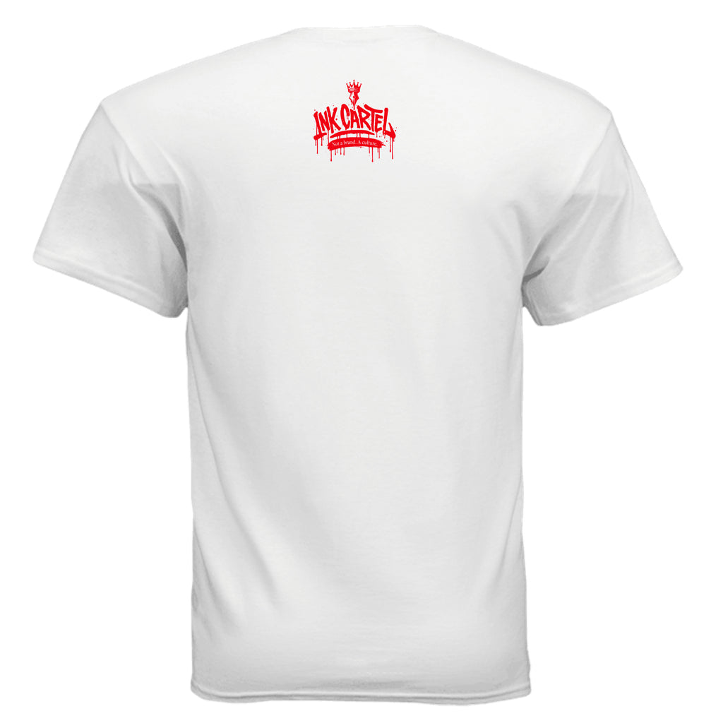 White t-shirt with red ink cartel logo on the back against a white background