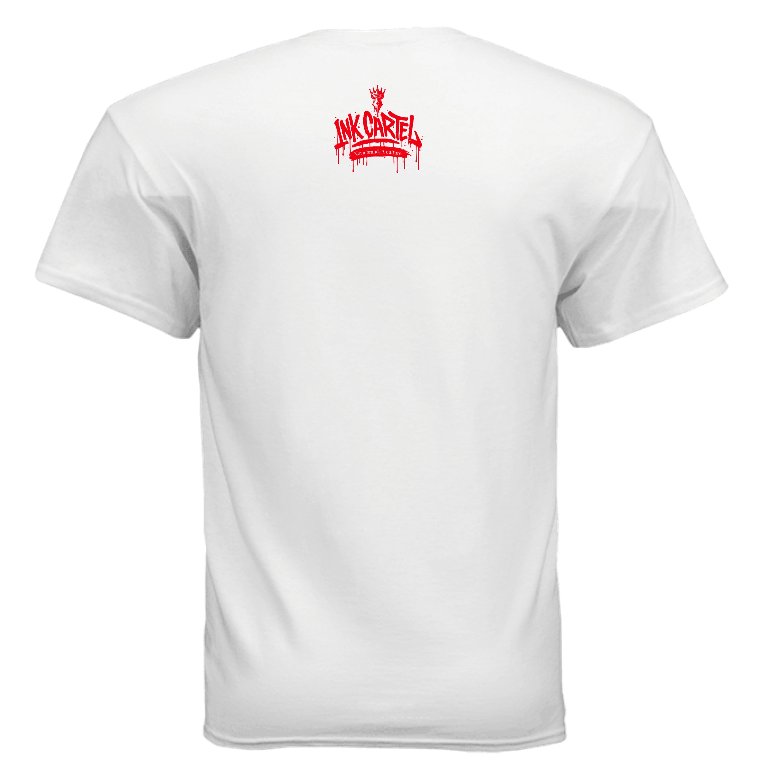 White t-shirt with red ink cartel logo on the back against a white background