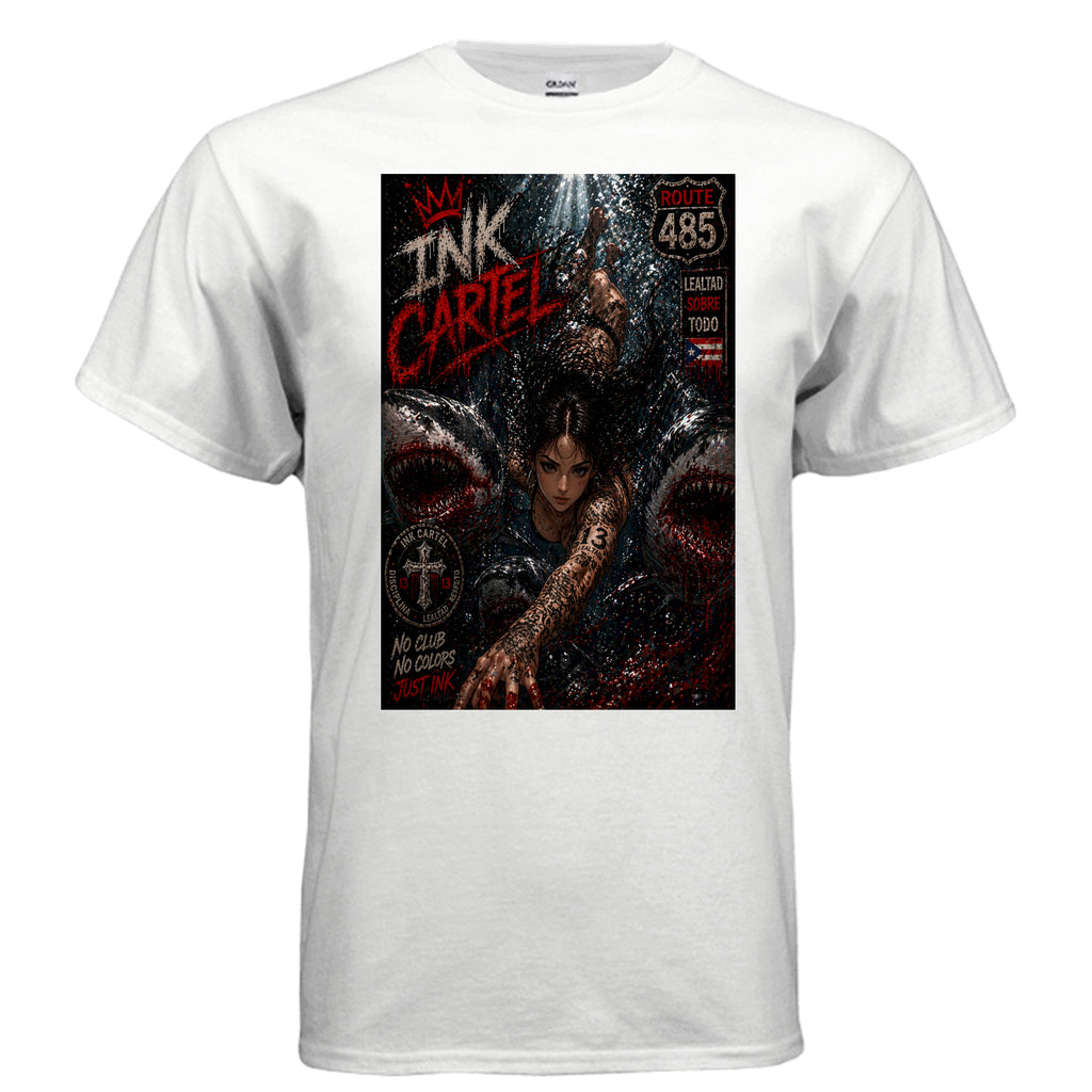 White t-shirt with a graphic design featuring a woman with tattoos and text on a white background