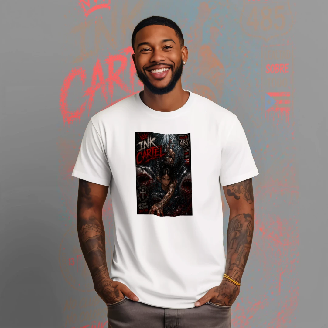 Man wearing a white t-shirt with a graphic design on a gray background