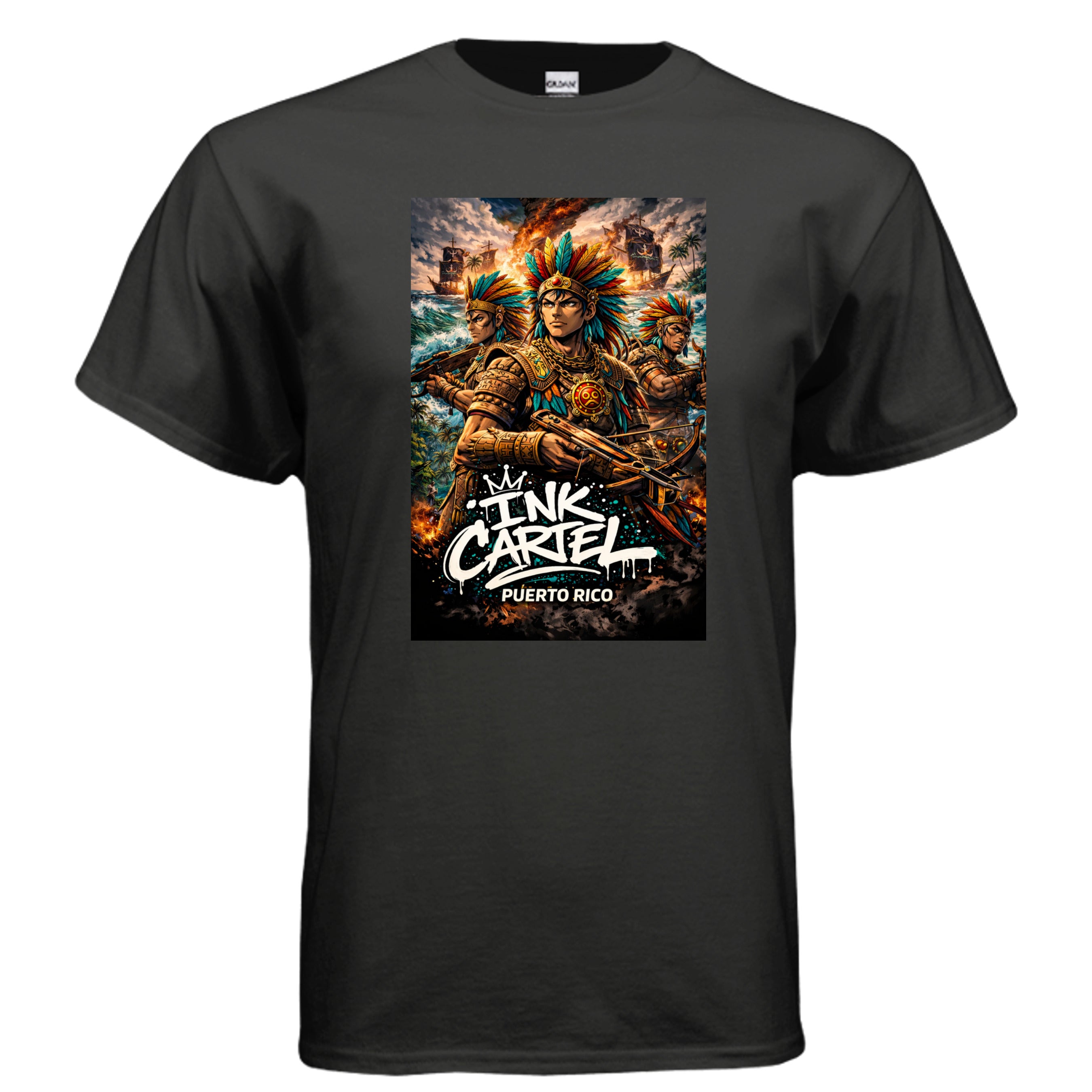 Ink Cartel Taíno War Gods Triple Legacy T-shirt with three warrior figures inspired by Puerto Rican Taíno heritage and urban streetwear style