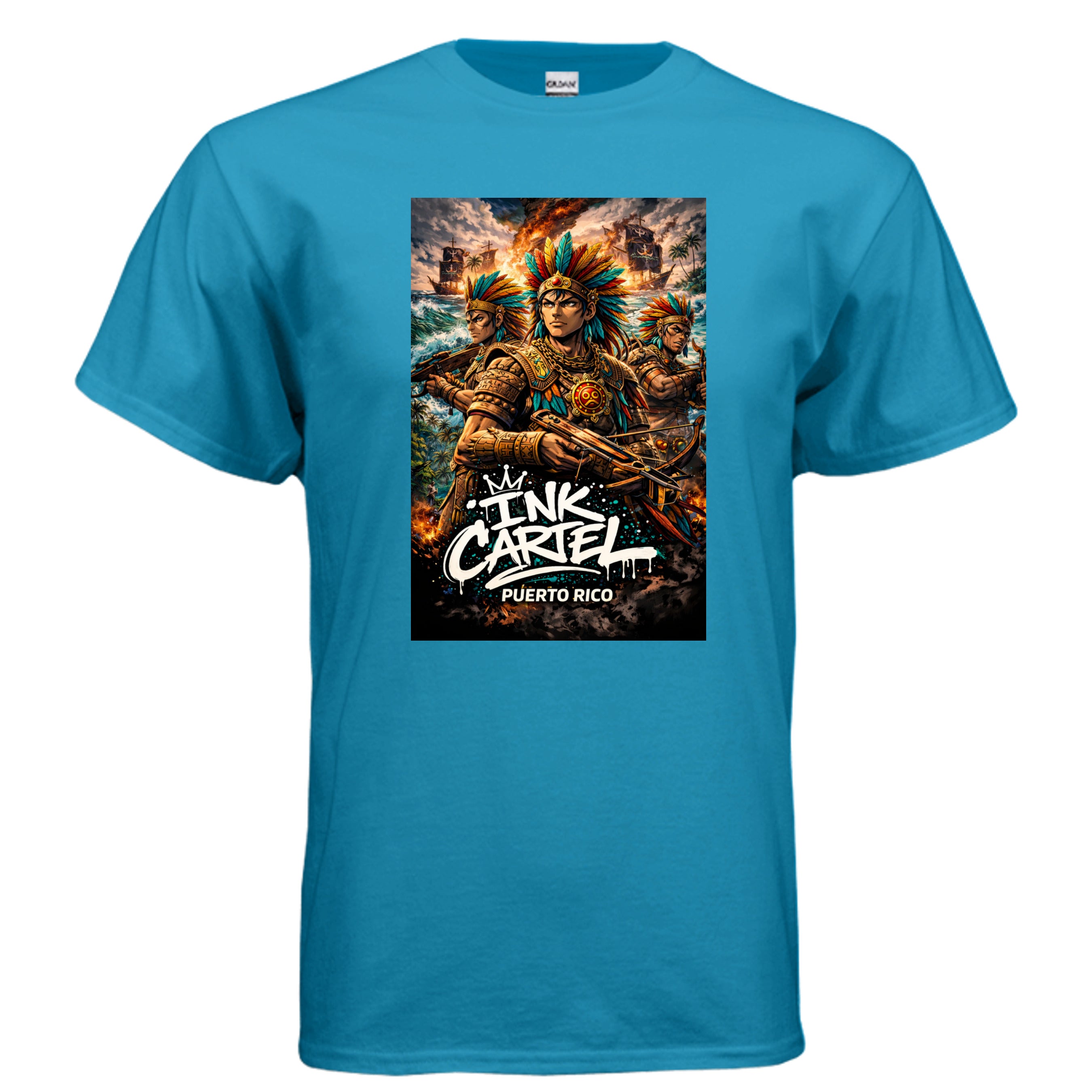  Ink Cartel Taíno War Gods Triple Legacy T-shirt with three warrior figures inspired by Puerto Rican Taíno heritage and urban streetwear style