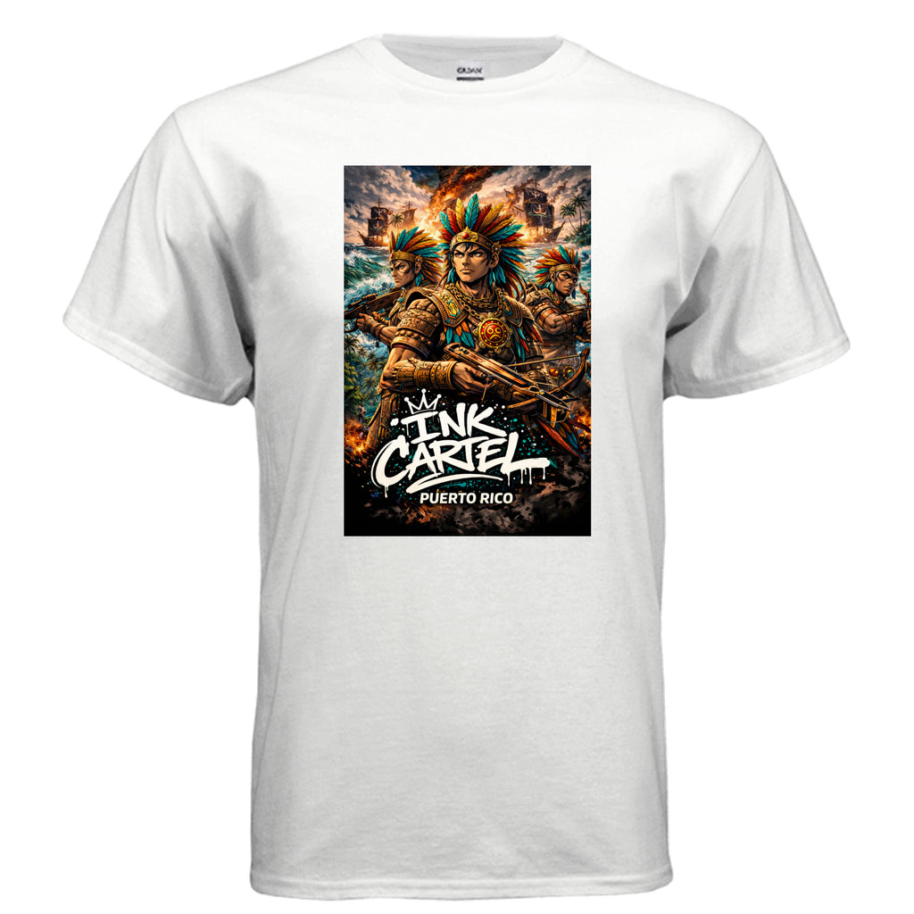  Ink Cartel Taíno War Gods Triple Legacy T-shirt with three warrior figures inspired by Puerto Rican Taíno heritage and urban streetwear style