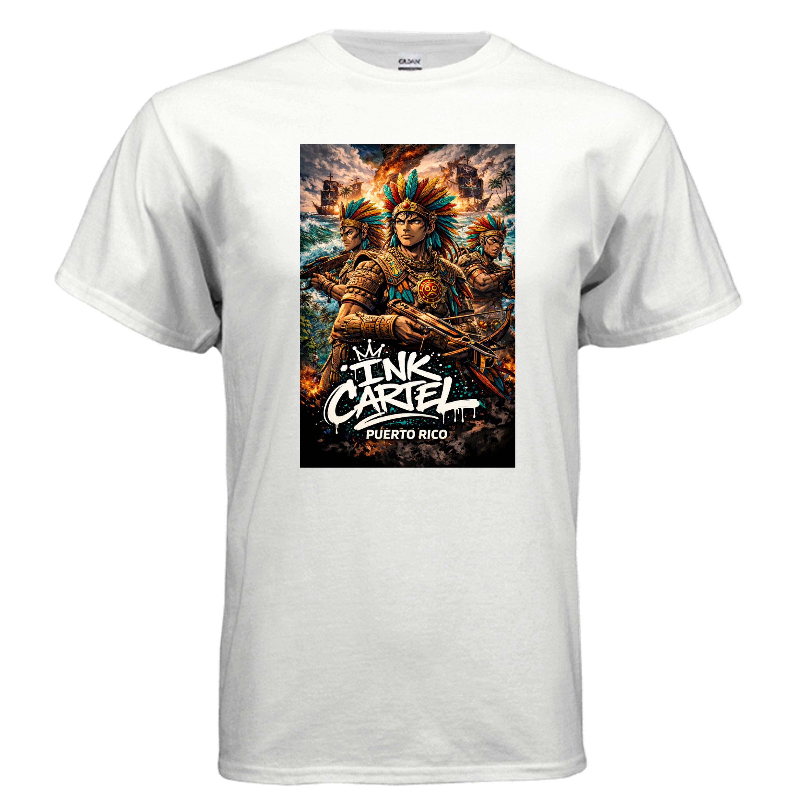  Ink Cartel Taíno War Gods Triple Legacy T-shirt with three warrior figures inspired by Puerto Rican Taíno heritage and urban streetwear style