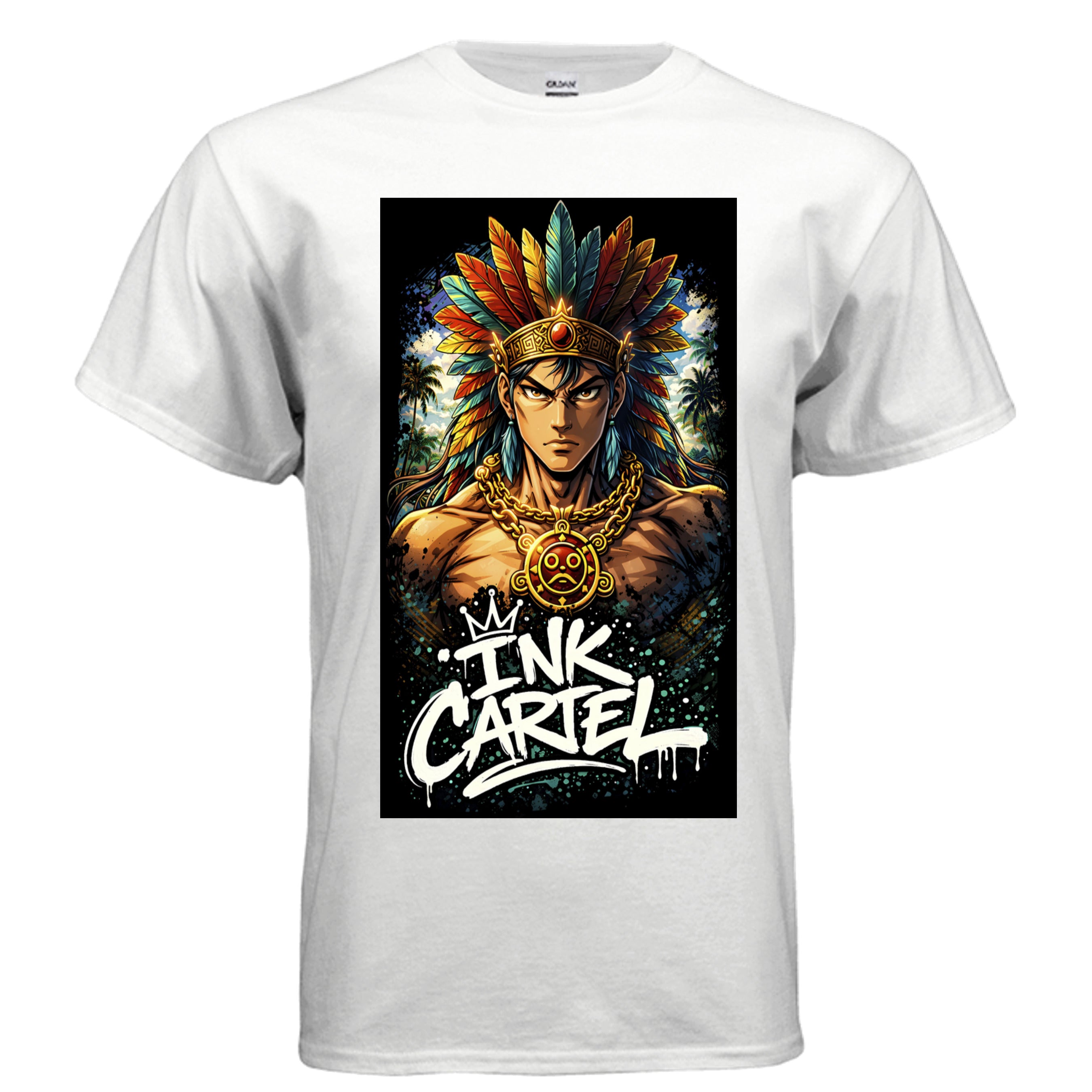  Ink Cartel Taíno War Lord T-shirt with Camuy sun symbol chain design inspired by Puerto Rican Taíno heritage and urban streetwear style