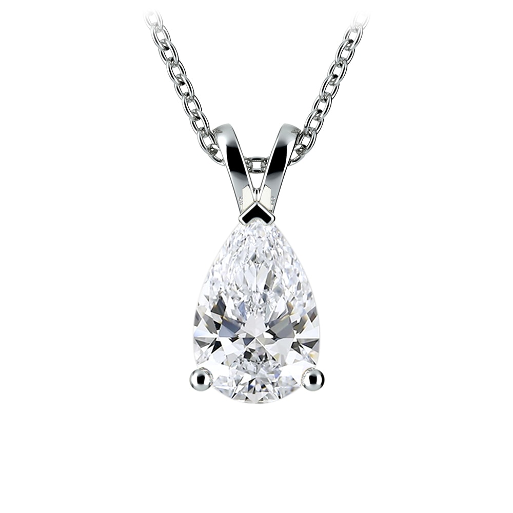 Teardrop-shaped diamond pendant on a white background