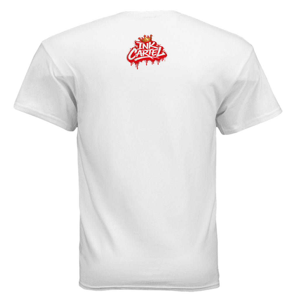White t-shirt with red 'Ink Car"el' logo on the back against a white background