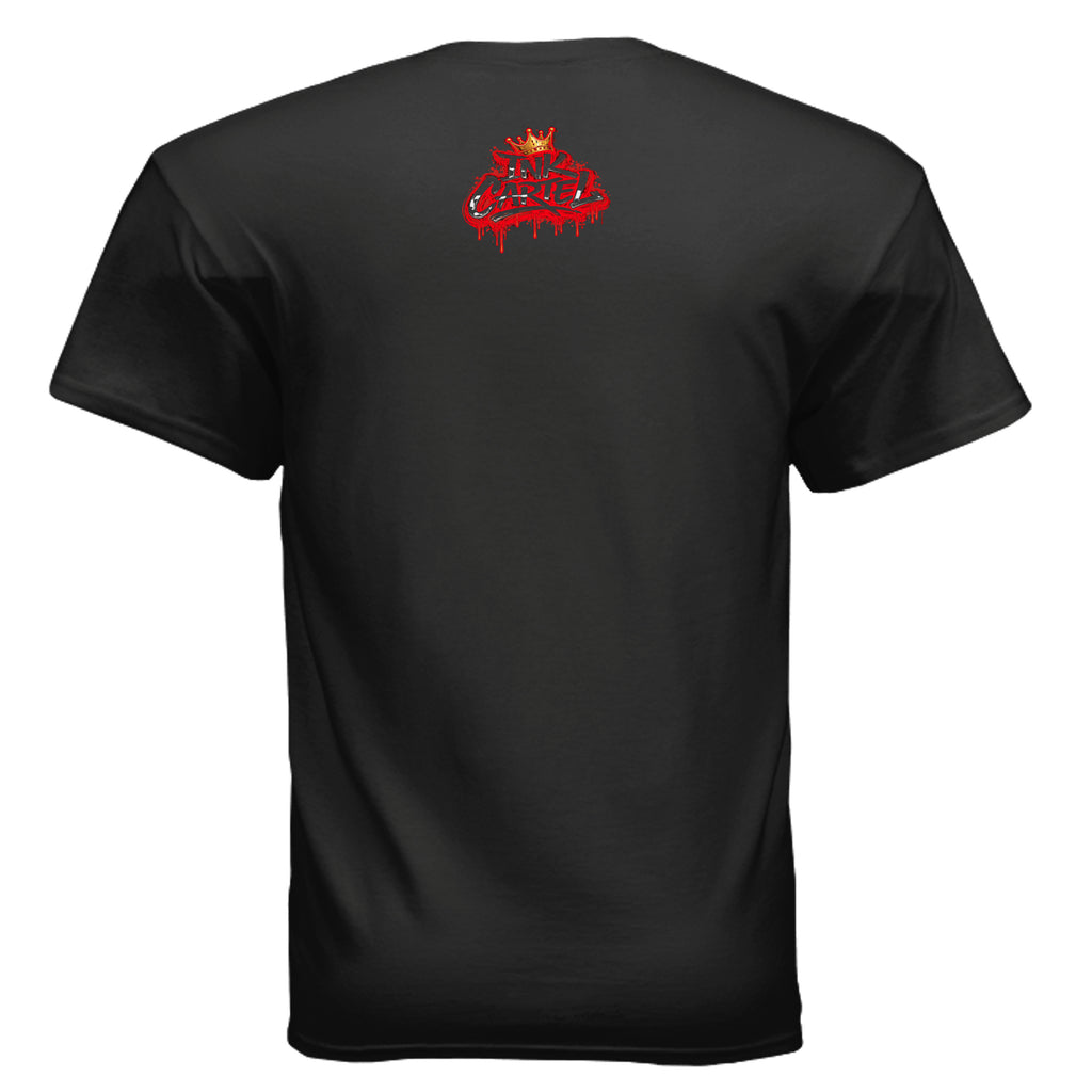 Black t-shirt with red 'OMM' logo on the back against a white background