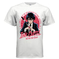 White t-shirt with an anime character and text design on a white background