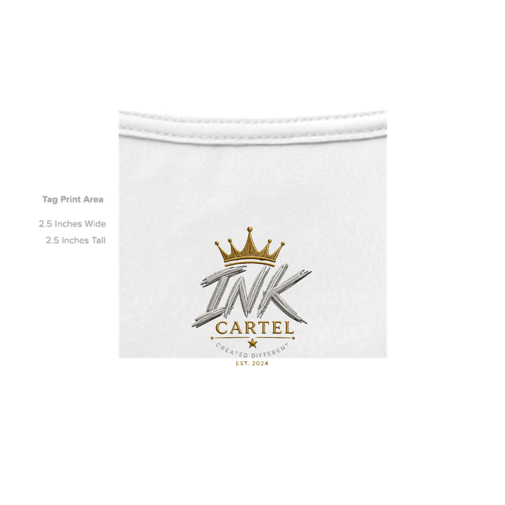 White fabric with 'INK CARTEL' logo and text on a white background